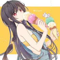 Rule 34 | 1girl, arms up, bandeau, bare arms, black hair, bra, breasts, rabbit, chinese commentary, commentary request, covered mouth, denim, double scoop, dutch angle, expressionless, food, food on face, from side, holding, holding food, ice cream, ice cream cone, ice cream on face, jiyuu (xjuyux), long hair, looking at viewer, low-tied long hair, original, overalls, red eyes, simple background, small breasts, solo, standing, twitter username, underwear, upper body, very long hair, waffle cone, yellow background, yellow bra, | |