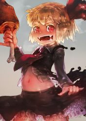 Rule 34 | 1girl, arm up, black skirt, black vest, blonde hair, bloomers, boned meat, collared shirt, cowboy shot, darkness, dress shirt, fangs, fingernails, food, grey background, hair ribbon, highres, holding, holding food, long sleeves, looking at viewer, meat, miniskirt, navel, necktie, open mouth, petticoat, pointy ears, red eyes, red necktie, red ribbon, ribbon, rumia, shirt, short hair, skirt, skirt set, solo, stomach, teeth, tongue, touhou, unbuttoned, unbuttoned shirt, underwear, vest, white shirt, wing collar, yst