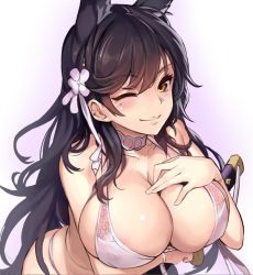 Rule 34 | 1girl, animal ears, areola slip, atago (azur lane), atago (summer march) (azur lane), atago (summer march) (azur lane), azur lane, bad id, bad twitter id, bikini, black hair, bow, breasts, cleavage, commentary request, dikko, extra ears, flower, hair flower, hair ornament, inactive account, large breasts, long hair, mole, mole under eye, navel, nipples, open mouth, ribbon, skirt, solo, swept bangs, swimsuit, sword, weapon, white background, white bikini, white bow, white ribbon, white skirt, yellow eyes