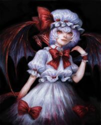 Rule 34 | 1girl, bat wings, black background, bow, bowtie, dress, faux traditional media, frilled dress, frilled sleeves, frills, hat, hat ribbon, highres, johnalay, light purple hair, lips, mob cap, puffy short sleeves, puffy sleeves, red bow, red bowtie, red eyes, remilia scarlet, ribbon, short hair, short sleeves, simple background, solo, touhou, white dress, white hat, wings, wrist cuffs