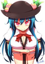 Rule 34 | 1girl, alternate breast size, bad id, bad pixiv id, bent over, blouse, blue hair, blush, bow, bowtie, breast hold, breasts, cleavage, female focus, food, fruit, hat, hinanawi tenshi, kisaragi zwei, large breasts, leaning forward, long hair, looking at viewer, peach, puffy short sleeves, puffy sleeves, red eyes, shirt, short sleeves, shorts, simple background, smile, solo, standing, touhou, tsurime, white background