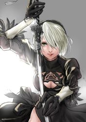 Rule 34 | 1girl, absurdres, breasts, cleavage, commentary, gloves, green eyes, grey background, grey hair, hair over one eye, highres, katana, kilye kairi, large breasts, mole, mole under mouth, nier (series), nier:automata, no blindfold, short hair, sketch, solo, sword, thighs, weapon, 2b (nier:automata)