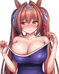 Rule 34 | 1girl, animal ears, bad id, bad pixiv id, bare shoulders, blue one-piece swimsuit, blush, bow, breasts, brown hair, cleavage, closed mouth, collarbone, daiwa scarlet (umamusume), hair bow, hair intakes, hair ornament, highres, horse ears, horse girl, large breasts, off shoulder, one-piece swimsuit, red bow, red eyes, school swimsuit, simple background, solo, strap pull, swimsuit, tapisuke, tiara, twintails, umamusume, upper body, white background