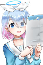 Rule 34 | 1girl, :d, absurdres, arona (blue archive), blue archive, blue eyes, blue hair, choker, collarbone, commentary request, envelope, eyes visible through hair, gradient hair, hair over one eye, halo, heimu (heim kstr), highres, holding, long sleeves, looking at viewer, multicolored hair, open mouth, school uniform, serafuku, short hair, sidelocks, simple background, smile, solo, two-tone hair, white background