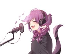 Rule 34 | 1girl, ahoge, ameiarts, artist name, braid, breasts, closed eyes, commentary, dragon girl, dragon tail, english commentary, fang, head wings, headphones, highres, microphone, music, musical note, nijisanji, nijisanji en, open mouth, purple hair, selen tatsuki, simple background, singing, solo, tail, teeth, tongue, twin braids, twitter username, upper body, virtual youtuber, watermark, white background, wings