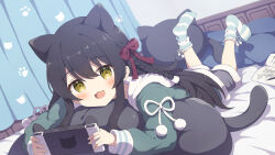Rule 34 | 1girl, animal ears, bed, bed sheet, black hair, blush, bow, braid, cat-shaped pillow, cat ears, commission, curtains, game console, hair bow, handheld game console, highres, holding, holding handheld game console, indoors, long hair, looking at viewer, lying, on stomach, open mouth, original, sidelocks, skeb commission, smile, socks, solo, striped clothes, striped socks, tyakomes, yellow eyes