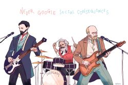 Rule 34 | 3boys, band, black hair, character request, drum, drum set, drumming, drumsticks, emile durkheim, english text, facial hair, guitar, holding, holding drumsticks, instrument, karl marx, m0n7e carl0, male focus, mature male, max weber, monocle, multiple boys, real life, science, white background