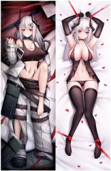 Rule 34 | 1girl, absurdres, arknights, armpits, arms up, bad id, bad pixiv id, bare shoulders, barefoot, bed sheet, binggong asylum, black panties, black thighhighs, breasts, chinese commentary, commentary request, dakimakura (medium), female focus, groin, hand up, highres, horns, infection monitor (arknights), knees together feet apart, large breasts, lingerie, long hair, long sleeves, looking at viewer, lying, material growth, mudrock (arknights), mudrock (elite ii) (arknights), multiple views, nail polish, navel, on back, oripathy lesion (arknights), panties, petals, pointy ears, red eyes, rose petals, sarashi, silver hair, skindentation, sports bra, stomach, thighhighs, thighs, toenail polish, toenails, underwear