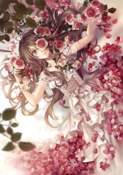Rule 34 | 1girl, absurdres, brown eyes, brown hair, collarbone, dress, flower, flower on head, from above, hagiwara rin, hair between eyes, highres, layered dress, long hair, looking at viewer, lying, on back, original, parted lips, red flower, sleeveless, sleeveless dress, solo, very long hair, white dress