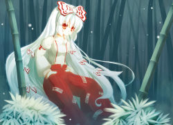 Rule 34 | 1girl, bamboo, bamboo forest, blue background, female focus, forest, fujiwara no mokou, gengetsu chihiro, grass, hair ribbon, hands in pockets, long hair, long sleeves, mouth hold, nature, orange eyes, puffy long sleeves, puffy sleeves, ribbon, snowing, solo, stalk in mouth, touhou, tress ribbon, very long hair, white hair
