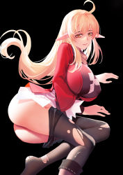 Rule 34 | 1girl, aged up, ahoge, alternate hairstyle, ass, bitter experience, black background, black pantyhose, bottomless, breasts, cleavage, clothes pull, commentary request, genshin impact, hair between eyes, hair down, highres, impossible clothes, klee (genshin impact), large breasts, light brown hair, long hair, long sleeves, looking at viewer, lying, on side, orange eyes, pantyhose, pantyhose pull, sidelocks, simple background, solo, torn clothes, torn pantyhose