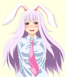 Rule 34 | 1girl, animal ears, arms behind back, blush, female focus, happy, highres, long hair, looking at viewer, necktie, open mouth, pink necktie, purple hair, rabbit ears, red eyes, reisen udongein inaba, shirt, simple background, smile, solo, touhou, white-aster, yellow background