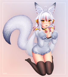 Rule 34 | 1girl, :d, ahoge, animal ear fluff, animal ears, bell, black choker, black thighhighs, blush, breasts, choker, cleavage, commentary, english commentary, fangs, fox ears, fox girl, fox tail, full body, hair bell, hair ornament, highres, indie virtual youtuber, jingle bell, kamiko kana, long hair, long sleeves, looking at viewer, low twintails, medium breasts, multicolored hair, neck bell, no pants, no shoes, off shoulder, open mouth, orange eyes, panties, panty peek, pink panties, red hair, simple background, single bare shoulder, sitting, sleeves past fingers, sleeves past wrists, smile, solo, streaked hair, sweater, tail, thigh gap, thighhighs, twintails, two-tone hair, underwear, very long hair, virtual youtuber, white hair, white sweater, wlper