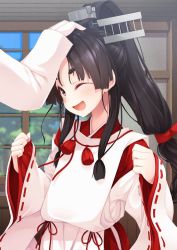 Rule 34 | admiral (kancolle), black hair, hand on another&#039;s head, headpat, highres, indoors, japanese clothes, kantai collection, miko, mofu namako, multi-tied hair, nisshin (kancolle), ponytail, solo focus, thick eyebrows