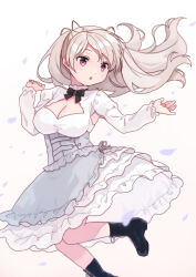 Rule 34 | 1girl, black footwear, blush, boots, breasts, brown eyes, cleavage, conte di cavour (kancolle), dress, kantai collection, large breasts, layered dress, light brown hair, long hair, long sleeves, mitsuyo (mituyo324), parted lips, solo, white dress
