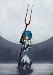 Rule 34 | 1girl, absurdres, ass, ayanami rei, blue hair, breasts, cloud, cloudy sky, highres, holding, holding weapon, interface headset, lance of longinus (evangelion), lips, looking back, medium breasts, neon genesis evangelion, night, night sky, nose, plugsuit, red eyes, reflection, short hair, sky, solo, standing, wading, water, weapon, yuuuuuuuuuuuuka