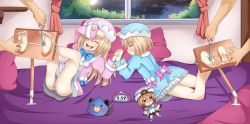Rule 34 | 10s, 2boys, 2girls, absurdres, ass, bed, blanc (neptunia), blush, bound ankles, brown hair, closed eyes, dogoo, dress, feet, tickling feet, hat, highres, laughing, long hair, lying, multiple boys, multiple girls, neptune (series), night, no shoes, open mouth, panties, pillow, planeptune, ram (neptunia), rom (neptunia), short hair, siblings, sisters, smile, soles, striped clothes, striped panties, stuffed animal, stuffed toy, tickling, toes, twins, underwear, white legwear