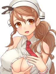 Rule 34 | 10s, 1girl, bad id, bad pixiv id, bare shoulders, breasts, brown eyes, brown hair, cleavage, female focus, hat, highres, kantai collection, large breasts, littorio (kancolle), looking at viewer, necktie, open clothes, open mouth, open shirt, paizuri invitation, presenting, sawatari (sado), shirt, simple background, smile, solo, unbuttoned