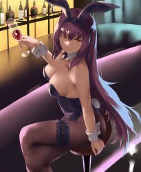 Rule 34 | 1girl, animal ears, bare shoulders, blush, breasts, cleavage, den (kur0 yuki), detached collar, fake animal ears, fate/grand order, fate (series), fishnet pantyhose, fishnets, hair between eyes, highleg, highleg leotard, highres, large breasts, leotard, long hair, looking at viewer, official alternate costume, pantyhose, playboy bunny, purple hair, purple leotard, rabbit ears, red eyes, scathach (fate), scathach (piercing bunny) (fate), solo, thighs, wrist cuffs