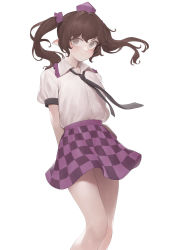 Rule 34 | 1girl, arms behind back, bad id, bad pixiv id, black necktie, blush, brown eyes, brown hair, checkered clothes, checkered skirt, closed mouth, collar, collared shirt, commentary, cowboy shot, frilled collar, frills, hair ribbon, hat, highres, himekaidou hatate, long hair, looking at viewer, necktie, ni (221), pointy ears, puffy short sleeves, puffy sleeves, purple ribbon, purple skirt, ribbon, shirt, short sleeves, simple background, skirt, smile, solo, standing, tokin hat, touhou, twintails, white background, white shirt