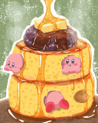 Rule 34 | anko (food), blue eyes, butter, closed mouth, commentary, eating, food, food bite, food focus, highres, kirby, kirby (series), miclot, nintendo, pancake, pancake stack, pink footwear, shoes, smile, souffle pancake, syrup