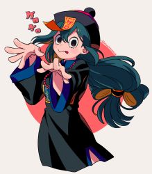 Rule 34 | 1girl, alternate costume, asui tsuyu, bead necklace, beads, black dress, black eyes, black hat, boku no hero academia, breasts, chinese clothes, closed mouth, commentary, cropped legs, dress, green hair, grey background, hair between eyes, hat, hat ornament, jewelry, jiangshi, jiangshi costume, long hair, looking at viewer, low-tied long hair, mommorua, necklace, ofuda, outstretched arms, qingdai guanmao, simple background, solo, standing, tongue, tongue out, very long hair, wide sleeves