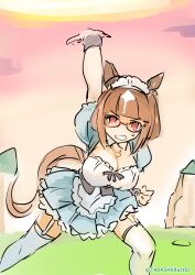 Rule 34 | animal ears, apron, arm up, blue shirt, blue skirt, blunt bangs, breasts, brown hair, cleavage, cleavage cutout, clenched hand, clothing cutout, commentary request, day, dragon ball, dragonball z, feet out of frame, fighting stance, frilled skirt, frills, garter straps, glasses, horse ears, horse girl, horse tail, kienzan, large breasts, looking at viewer, maid, maid headdress, medium hair, open mouth, outdoors, outstretched hand, parody, puffy short sleeves, puffy sleeves, red-framed eyewear, red eyes, scene reference, serious, shirt, short sleeves, sinzan, sketch, skirt, stadium, sweatdrop, tail, thighhighs, transcend (umamusume), twitter username, umamusume, waist apron, white apron, white thighhighs, zettai ryouiki