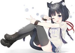 Rule 34 | 1girl, ;d, abe suke, absurdres, animal ear fluff, animal ears, black footwear, black hair, black thighhighs, blue skirt, blush, boots, braid, breasts, cat ears, cat girl, cat tail, commentary request, cross-laced footwear, fang, fingernails, full body, highres, lace-up boots, long hair, looking at viewer, medium breasts, one eye closed, open mouth, original, pleated skirt, puffy short sleeves, puffy sleeves, purple eyes, ribbon, shadow, shirt, short sleeves, single braid, sitting, skirt, smile, solo, tail, thighhighs, twitter username, v, very long hair, white background, white ribbon, white shirt
