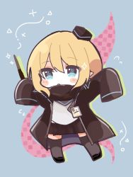 Rule 34 | 1girl, :o, arknights, black footwear, black hat, black jacket, black scarf, black skirt, black thighhighs, blonde hair, blue background, blue eyes, blush stickers, checkered background, chibi, commentary request, durin (arknights), flying sweatdrops, full body, hair between eyes, hands up, hat, highres, jacket, loafers, mini hat, mom2, open clothes, open jacket, parted lips, pleated skirt, scarf, shirt, shoes, skirt, solo, thighhighs, tilted headwear, white shirt