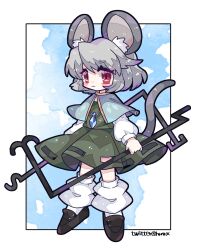 Rule 34 | 1girl, animal ear fluff, animal ears, black dress, black footwear, blue capelet, blush, capelet, closed mouth, commentary, dress, full body, grey hair, harunori (hrnrx), highres, jewelry, long sleeves, mouse ears, mouse tail, nazrin, pendant, red eyes, shoes, short hair, solo, symbol-only commentary, tail, touhou, twitter username