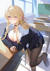 Rule 34 | 1girl, azur lane, black choker, black footwear, black jacket, black pantyhose, black skirt, blonde hair, blush, bra, breast rest, breasts, breasts on table, character request, choker, classroom, cleavage, closed mouth, collared shirt, commentary request, day, desk, drive shot, earrings, hair between eyes, hair ornament, heart pendant, highres, indoors, jacket, jewelry, large breasts, leaning forward, long hair, looking at viewer, one side up, open clothes, open jacket, open shirt, pantyhose, pendant, purple bra, purple eyes, school desk, school uniform, shirt, sidelocks, skirt, solo, standing, underwear, white shirt, wing collar