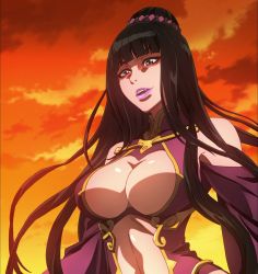 Rule 34 | 10s, 1girl, black hair, blue eyes, breasts, cleavage, fuuun ishin dai shogun, highres, houkouin, large breasts, long hair, screencap, solo, stitched, third-party edit
