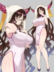 Rule 34 | 1girl, bare shoulders, black hair, breasts, china dress, chinese clothes, closed mouth, dress, facial mark, fate/grand order, fate (series), forehead mark, full body, glasses, grey background, highres, horns, large breasts, long hair, looking at viewer, multiple views, navel, pelvic curtain, seductive smile, sessyoin kiara, simple background, smile, standing, very long hair, wavy hair, yellow eyes, zenshin