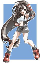 Rule 34 | 1girl, arm up, asymmetrical bangs, bandaged hand, bandages, bare shoulders, black skirt, blue background, border, breasts, brown eyes, brown hair, clenched hands, covered erect nipples, crop top, earrings, elbow gloves, elbow pads, fighting stance, final fantasy, final fantasy vii, fingerless gloves, full body, gloves, hair between eyes, highres, jewelry, large breasts, long hair, low-tied long hair, lower teeth only, midriff, miniskirt, navel, open mouth, red footwear, red gloves, shirt, skirt, sleeveless, sleeveless shirt, socks, solo, square enix, suspender skirt, suspenders, teeth, tifa lockhart, upper teeth only, white shirt, yonesuke