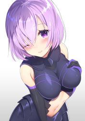 Rule 34 | 1girl, 3:, 3;, armor, armored dress, bad id, bad pixiv id, black gloves, blush, breasts, cleavage, closed mouth, clothing cutout, elbow gloves, fate/grand order, fate (series), gloves, gradient background, hair over one eye, hand on own chest, impossible clothes, large breasts, light purple hair, looking at viewer, mash kyrielight, navel, navel cutout, one eye closed, purple eyes, purple hair, sanashiro, short hair, solo, white background