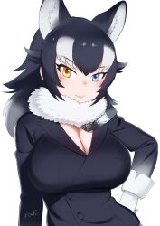 Rule 34 | 1girl, absurdres, animal ear fluff, animal ears, black hair, black jacket, blue eyes, breasts, cleavage, commentary, extra ears, fur collar, gloves, grey wolf (kemono friends), hair flaps, hand on own hip, heterochromia, highres, jacket, kemono friends, large breasts, light blush, long hair, long sleeves, looking at viewer, masuyama ryou, multicolored hair, simple background, smile, solo, two-tone hair, upper body, white background, white gloves, white hair, wolf ears, wolf girl, yellow eyes