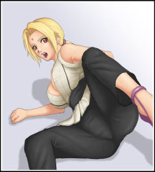 Rule 34 | 1girl, arm support, blonde hair, breasts, cleavage, facial mark, female focus, forehead mark, lipstick, lying, makeup, naruto, naruto (series), on side, open mouth, red eyes, shadow, solo, spread legs, thor (deep rising), tsunade (naruto)