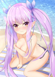 Rule 34 | 1girl, angry, annoyed, ass, beach, beach towel, bikini, bikini bottom only, black bikini, blush, breasts, brown eyes, butt crack, cleavage, covering privates, covering breasts, elf, highres, kyouka (princess connect!), long hair, looking at viewer, medium breasts, nc731, nipples, ocean, pointy ears, princess connect!, purple hair, ribbon, sitting, solo, swimsuit, topless, towel, twintails, untied, very long hair, water