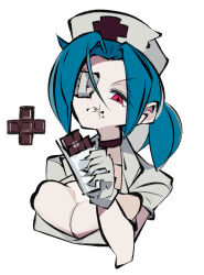 Rule 34 | + +, 1girl, blue hair, breasts, candy, chocolate, chocolate bar, cleavage, commentary, cxdotchison, evil smile, eyepatch, food, gloves, hat, highres, large breasts, nurse, nurse cap, ponytail, red eyes, scar, scar on face, skullgirls, smile, solo, symbol-only commentary, upper body, valentine (skullgirls), white background, white gloves