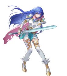 Rule 34 | 1girl, ankle boots, armor, belt, blue eyes, blue hair, boots, breastplate, caeda (fire emblem), cape, closed mouth, dress, elbow gloves, feather trim, female focus, fire emblem, fire emblem: mystery of the emblem, fire emblem heroes, full body, gloves, highres, holding, holding sword, holding weapon, long hair, looking at viewer, looking away, matching hair/eyes, multiple belts, nintendo, official art, pink cape, serious, short dress, shoulder armor, solo, sword, thighhighs, transparent background, weapon, white thighhighs, zettai ryouiki