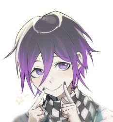 Rule 34 | 1boy, alternate hair length, alternate hairstyle, black hair, black nails, checkered clothes, checkered scarf, closed mouth, danganronpa (series), danganronpa v3: killing harmony, finger to mouth, grey background, hair between eyes, highres, index finger raised, kyandii, looking at viewer, male focus, nail polish, oma kokichi, purple eyes, purple hair, scarf, short hair, simple background, sketch, smile, solo, star (symbol), upper body, white background