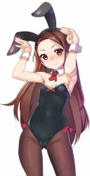 Rule 34 | 1girl, animal ears, armpits, arms up, bare shoulders, blush, brown hair, cameltoe, detached collar, fake animal ears, flat chest, hairband, highres, idolmaster, idolmaster (classic), leotard, long hair, looking at viewer, minase iori, mokyu (kukoudesu), pantyhose, playboy bunny, rabbit ears, rabbit pose, simple background, smile, solo, white background, wrist cuffs