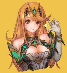 Rule 34 | 1girl, bare shoulders, blonde hair, breasts, cleavage cutout, clothing cutout, elbow gloves, gloves, hand up, large breasts, long hair, looking at viewer, mythra (xenoblade), nintendo, parted lips, simple background, solo, star (symbol), swept bangs, tiara, upper body, voruvoru, white gloves, xenoblade chronicles (series), xenoblade chronicles 2, yellow background, yellow eyes