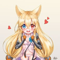Rule 34 | 1girl, animal ears, bad id, bad pixiv id, blonde hair, blue eyes, blush, breasts, character request, cleavage, copyright request, heart, heterochromia, long hair, looking at viewer, navel, open mouth, panties, pong (vndn124), red eyes, small breasts, smile, solo, underwear, upper body, white panties