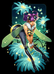 Rule 34 | 1girl, antennae, bee girl, breasts, capcom, cover, cover page, emily warren, arthropod girl, knee pads, large breasts, monster girl, no pupils, pantyhose, purple hair, q-bee, short hair, solid eyes, solo, udon entertainment, v arms, vampire (game), wings