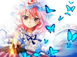 Rule 34 | 1girl, blue hat, bug, butterfly, closed mouth, commentary request, folding fan, hand fan, hat, holding, holding fan, insect, looking at viewer, mob cap, nagare, pink hair, saigyouji yuyuko, simple background, solo, touhou, triangular headpiece, upper body, white background