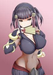 Rule 34 | 1girl, ashita yaru, bare shoulders, black gloves, black hair, bracelet, breasts, brown eyes, cleavage, cowboy shot, elbow gloves, fire emblem, fire emblem fates, folding fan, gloves, gradient background, groin, hair ornament, hand fan, hand on own hip, jewelry, large breasts, looking at viewer, midriff, navel, nintendo, purple background, rhajat (fire emblem), robe, short hair, short twintails, smile, solo, twintails