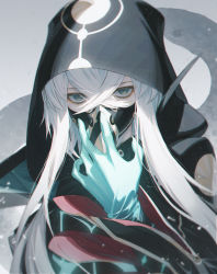 Rule 34 | 1boy, asclepius (fate), blue eyes, blue gloves, blurry, blurry background, chromatic aberration, crossed bangs, fate/grand order, fate (series), gloves, hair between eyes, hood, light particles, long hair, long sleeves, male focus, mask, mouth mask, short hair with long locks, sidelocks, solo, wanke, white hair