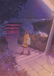 Rule 34 | 1girl, bad id, bad pixiv id, blurry, boots, brown hair, bush, city lights, commentary, dark, fox, from above, hands in pockets, hill, lamppost, looking at viewer, looking back, nanakawa (nanasoon), night, original, shadow, short hair, signature, sketch, sky, solo, spirit, stairs, torii, transparent, tree, walking