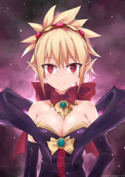 Rule 34 | 1girl, bare shoulders, blonde hair, blush, bow, breasts, bright pupils, cleavage, disgaea, highres, large breasts, looking at viewer, makai senki disgaea 2, mmrailgun, pointy ears, red eyes, rozalin, short hair, slit pupils, smile, solo, v, yellow bow